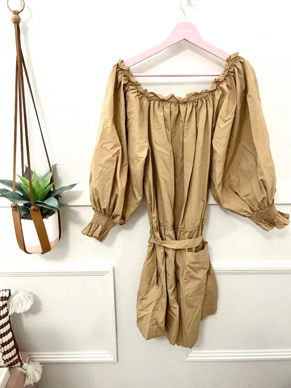 Lauren Ralph Lauren Off-the-Shoulder Cotton Broadcloth Romper Camel 16 Safari